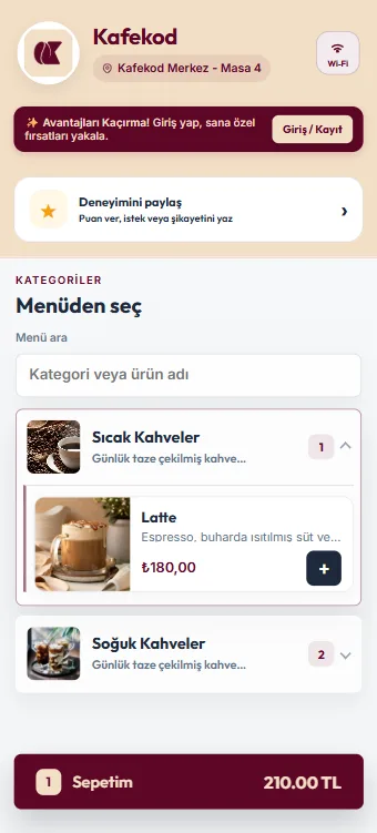 Kafekod m&uuml;&scedil;teri men&uuml; ekran&imath;