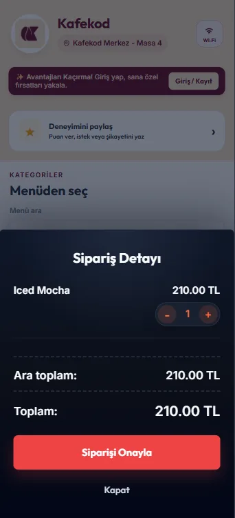 Kafekod m&uuml;&scedil;teri sepet ekran&imath;