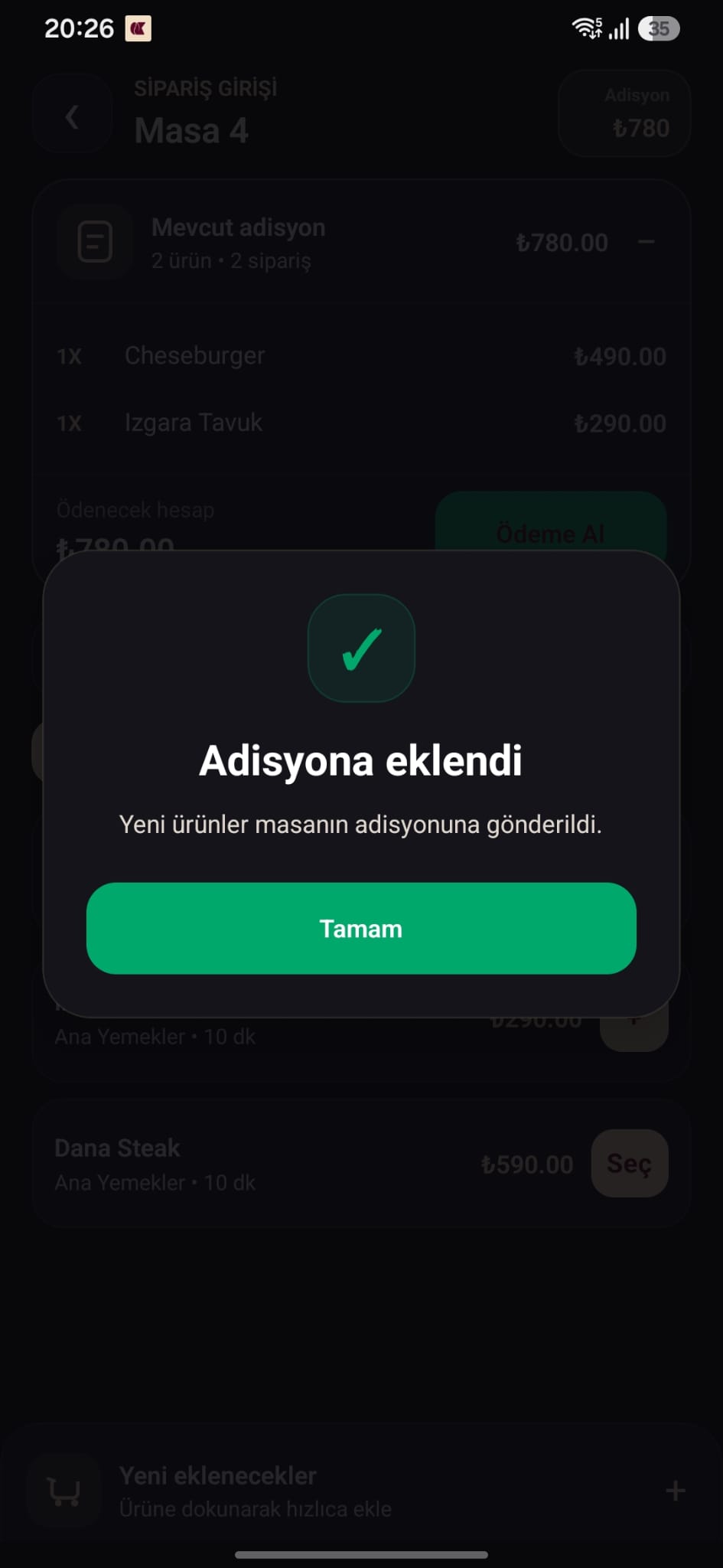 Adisyona ekleme ekran&imath;